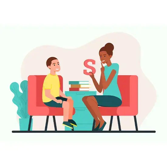 Illustration of a teacher supporting a child's learning and communication